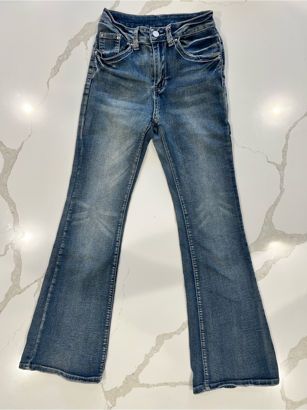 ROMWE Women’s Size 2 XS Bootcut Jeans Rhinestone Flap Pocket Y2K Blue Denim